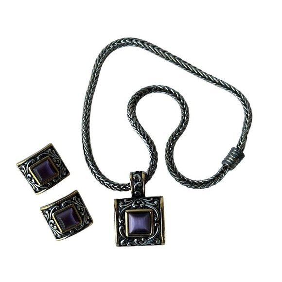 VTG Purple Optic Glass  Silver Plated Pendant Necklace Matching Earrings‎ 17"+ - Picture 1 of 9